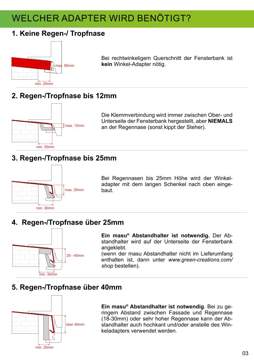 masu Montageanleitung auf unterschiedlichen Fensterbänken